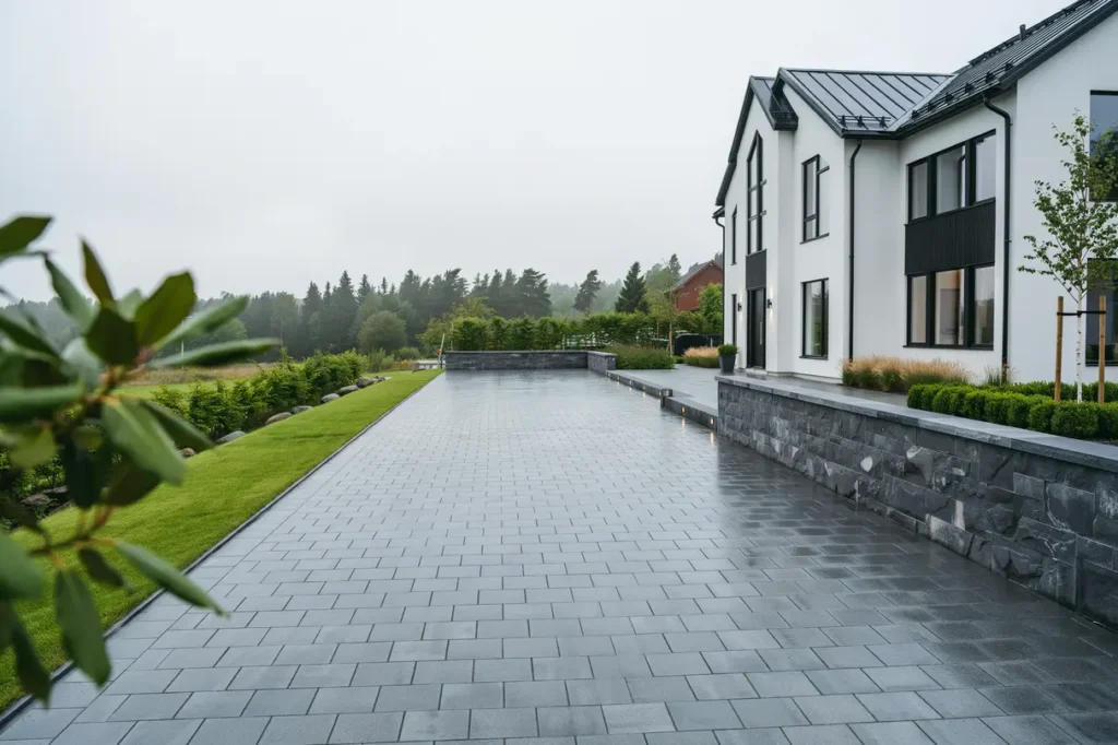stenlagd uppfart och tr dg rdsmur vid villa i r nninge salem