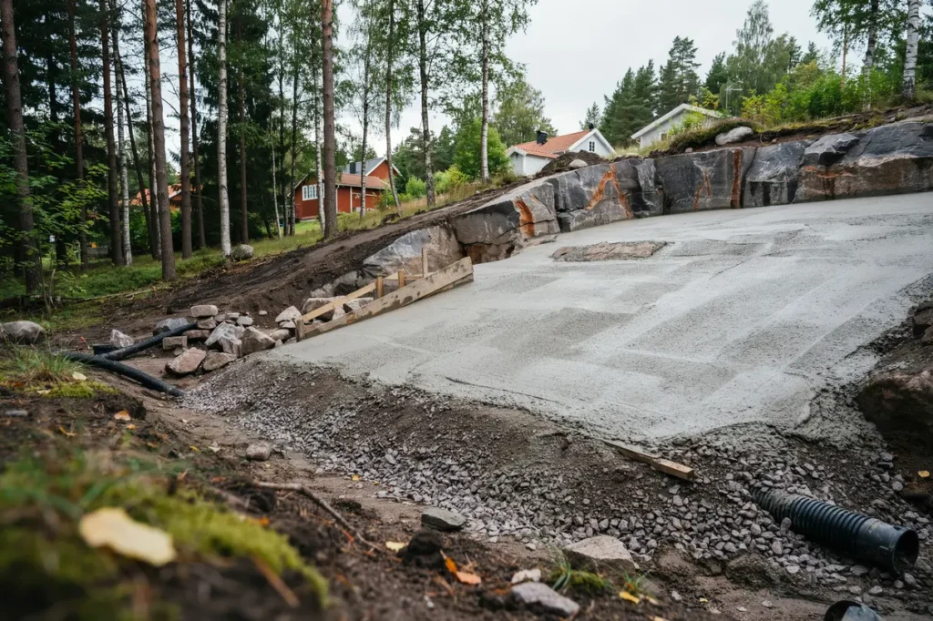 spr ngning och platta f r husbygge p sluttande tomt